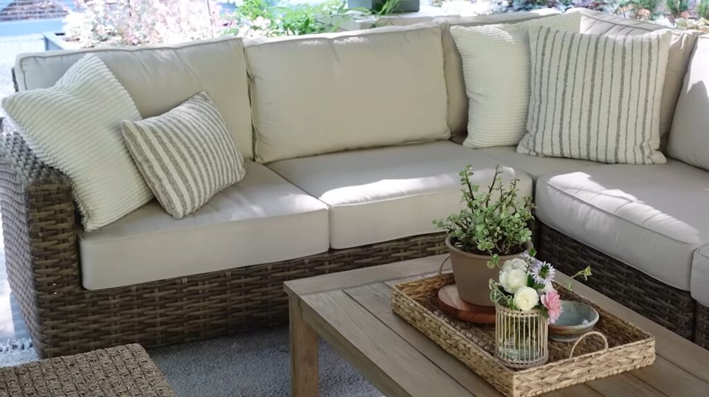Outdoor Patio Reveal - sectional and pillows 